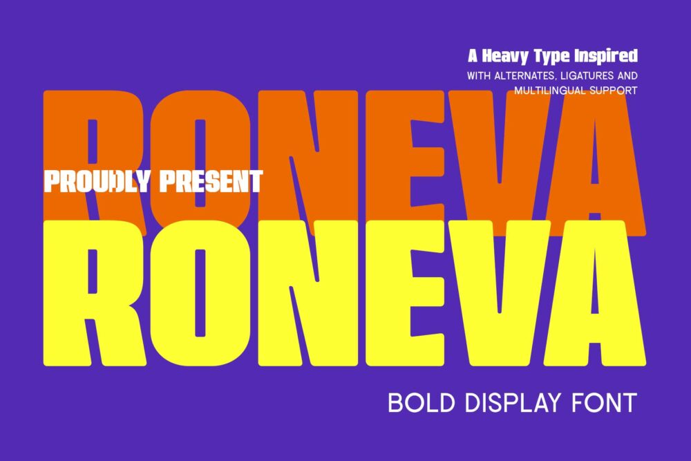 Funky retro condensed sans serif font Roneva with bold style