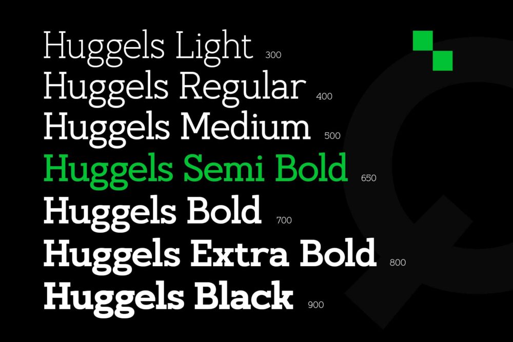 Huggels bold slab serif typeface for branding and editorial