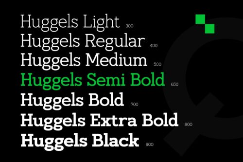 Huggels bold slab serif typeface for branding and editorial