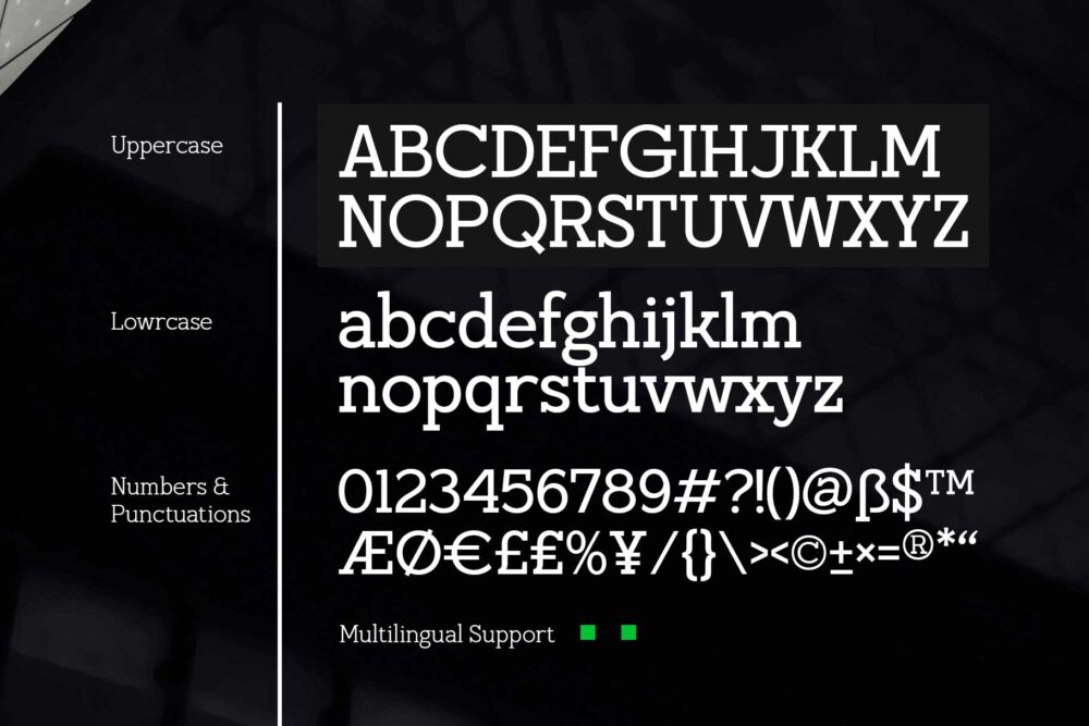 Huggels bold slab serif typeface for branding and editorial
