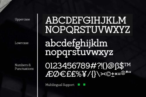 Huggels bold slab serif typeface for branding and editorial