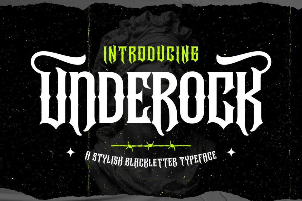 Underock blackletter hardcore typeface featuring Gothic-inspired letterforms, stylistic alternates, ligatures, and underground streetwear aesthetics for logos, branding, posters, and album artwork.