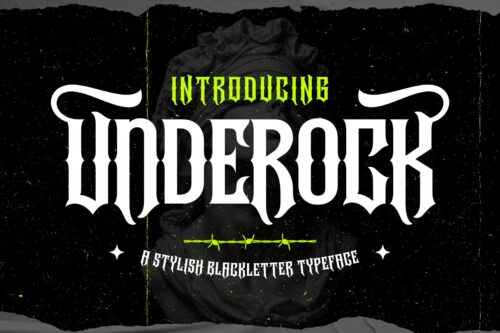 Underock blackletter hardcore typeface featuring Gothic-inspired letterforms, stylistic alternates, ligatures, and underground streetwear aesthetics for logos, branding, posters, and album artwork.