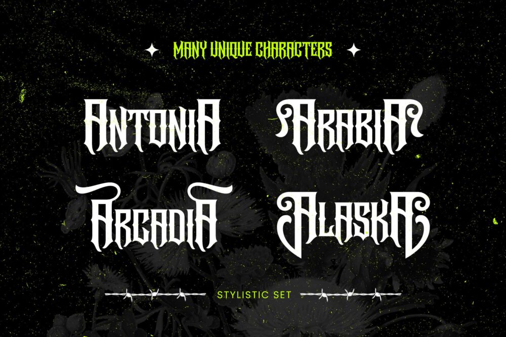 Underock blackletter hardcore typeface featuring Gothic-inspired letterforms, stylistic alternates, ligatures, and underground streetwear aesthetics for logos, branding, posters, and album artwork.