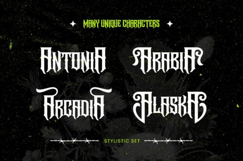 Underock blackletter hardcore typeface featuring Gothic-inspired letterforms, stylistic alternates, ligatures, and underground streetwear aesthetics for logos, branding, posters, and album artwork.