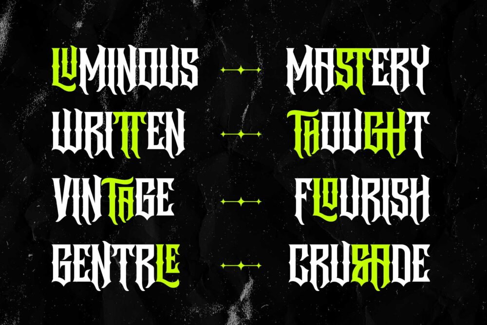 Underock blackletter hardcore typeface featuring Gothic-inspired letterforms, stylistic alternates, ligatures, and underground streetwear aesthetics for logos, branding, posters, and album artwork.