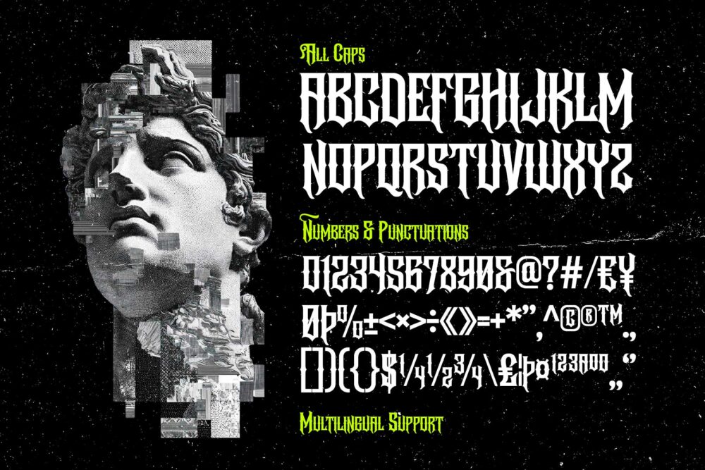 Underock blackletter hardcore typeface featuring Gothic-inspired letterforms, stylistic alternates, ligatures, and underground streetwear aesthetics for logos, branding, posters, and album artwork.