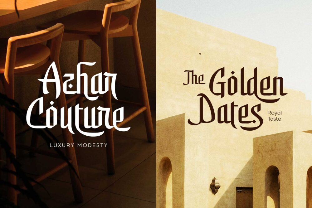 Elegant Arabic-inspired display font named Shamirah featuring sharp details, graceful curves, and luxury branding applications on architecture, perfume packaging, food branding, and editorial designs.