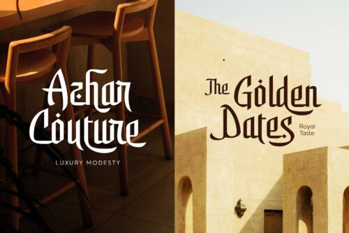 Elegant Arabic-inspired display font named Shamirah featuring sharp details, graceful curves, and luxury branding applications on architecture, perfume packaging, food branding, and editorial designs.