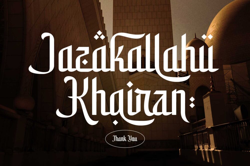 Elegant Arabic-inspired display font named Shamirah featuring sharp details, graceful curves, and luxury branding applications on architecture, perfume packaging, food branding, and editorial designs.