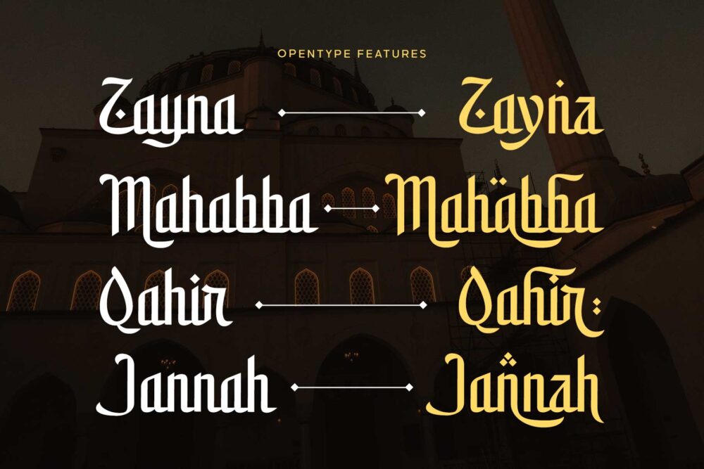 Elegant Arabic-inspired display font named Shamirah featuring sharp details, graceful curves, and luxury branding applications on architecture, perfume packaging, food branding, and editorial designs.