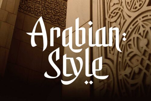 Elegant Arabic-inspired display font named Shamirah featuring sharp details, graceful curves, and luxury branding applications on architecture, perfume packaging, food branding, and editorial designs.