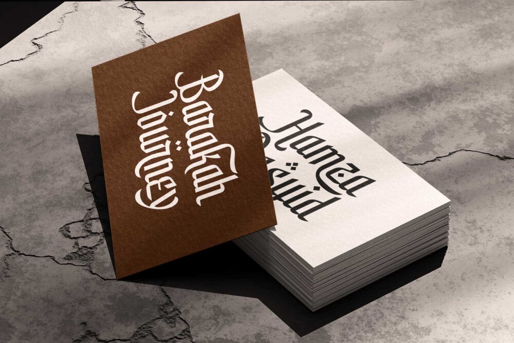 Elegant Arabic-inspired display font named Shamirah featuring sharp details, graceful curves, and luxury branding applications on architecture, perfume packaging, food branding, and editorial designs.