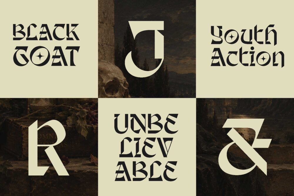 Shingeku modern blackletter font used in a dark editorial poster design