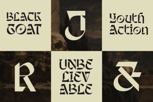Shingeku modern blackletter font used in a dark editorial poster design