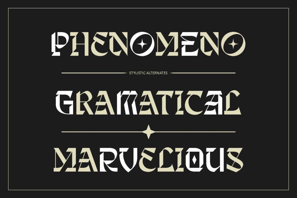 Shingeku blackletter font featuring stylistic alternates and unique Gothic letterforms