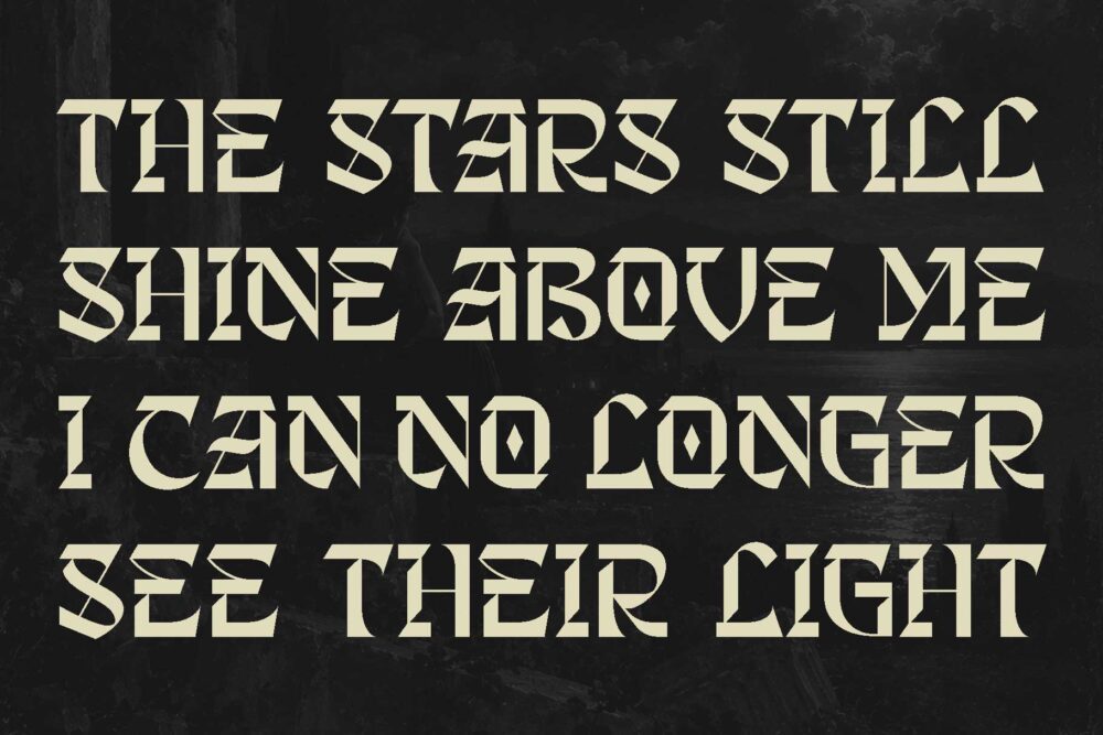 Shingeku blackletter display font showcased with classic Gothic typography