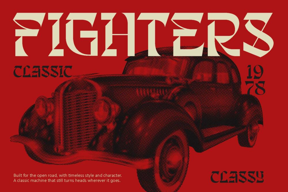Shingeku modern blackletter font used in a dark editorial poster design